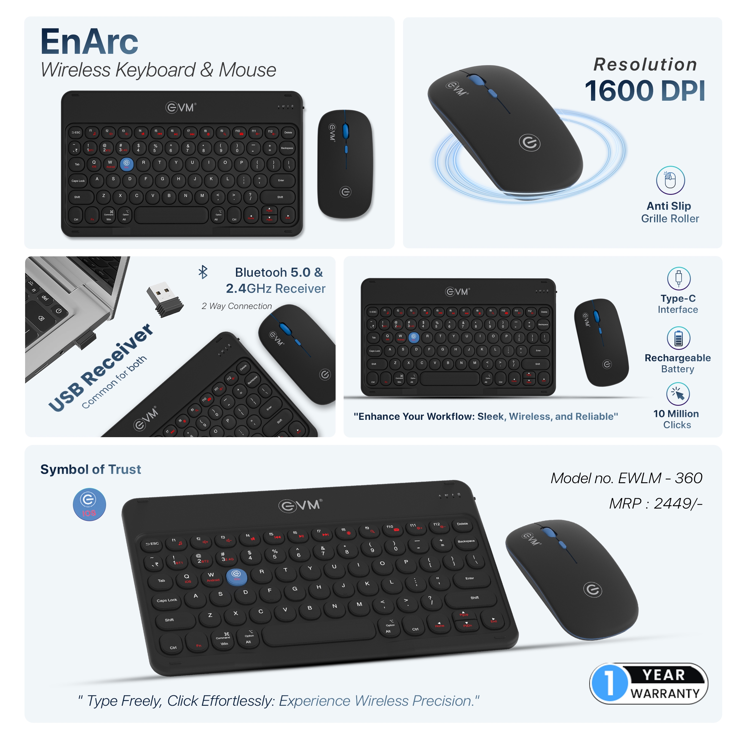 EVM EnArc Keyboard & Mouse Wireless Combo WLKM & EWLM-360 thumbnail 3
