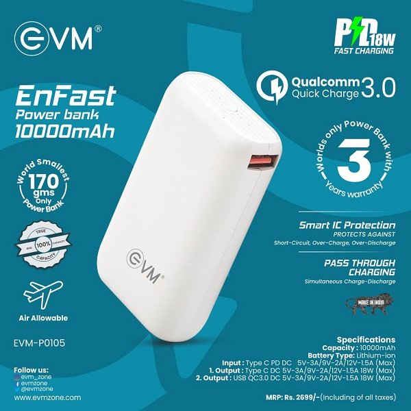 EVM Launches Made in India Compact 10,000 mAh Powerbank ‘EnFast’ with Qualcomm 3.0 Quickcharge